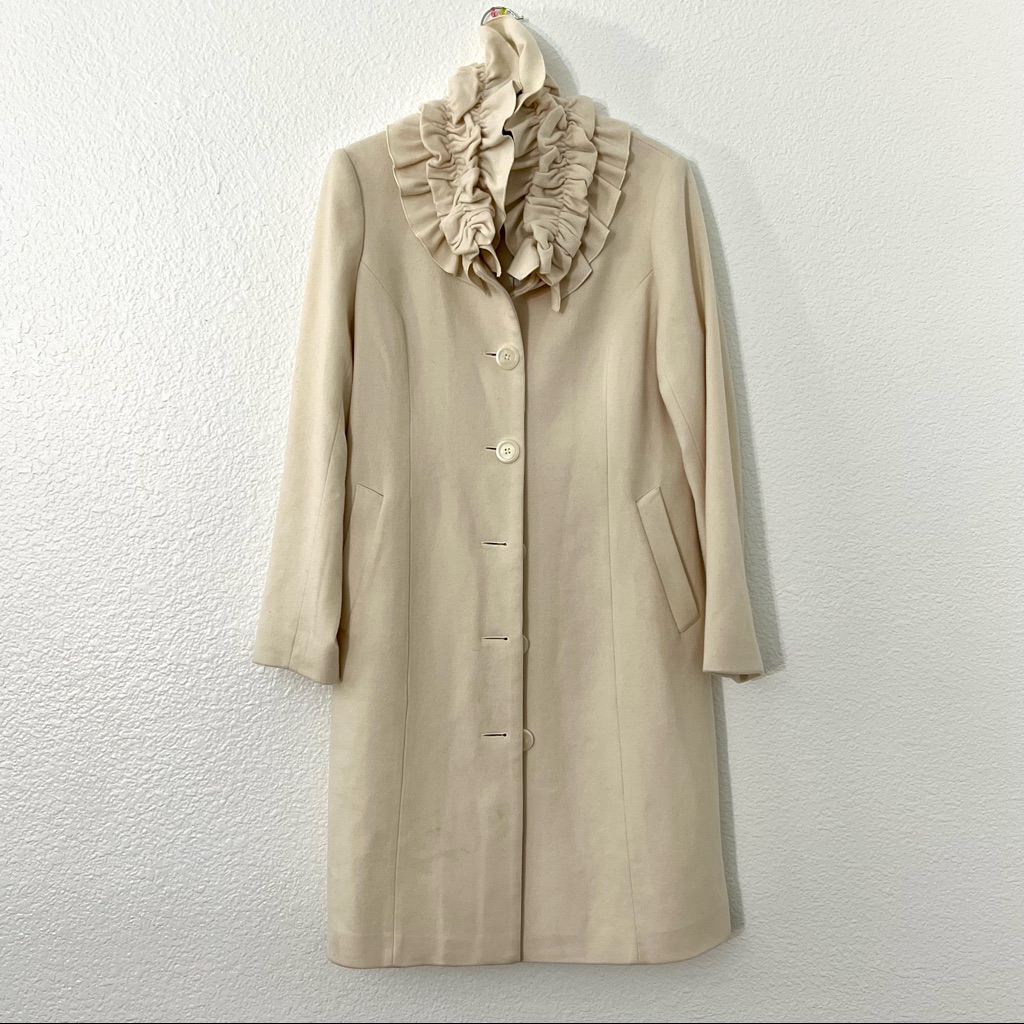 Sofia Cashmere Coat Midi Ruffle Collar Lambswool White Ivory